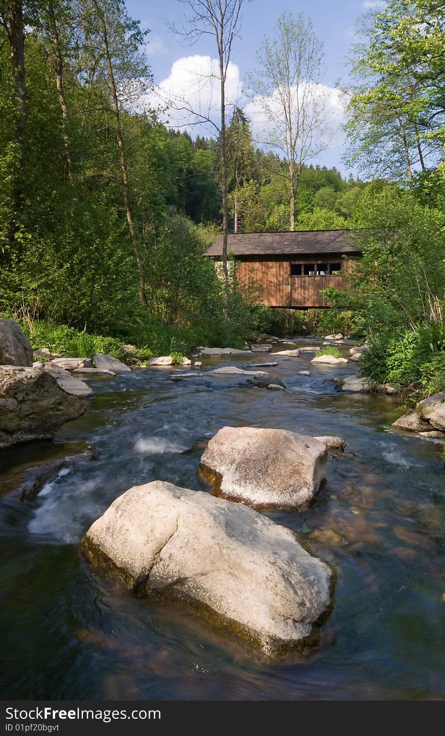 Wood bridge across the river Nedvedicka – Pernstejn, Czech republic.