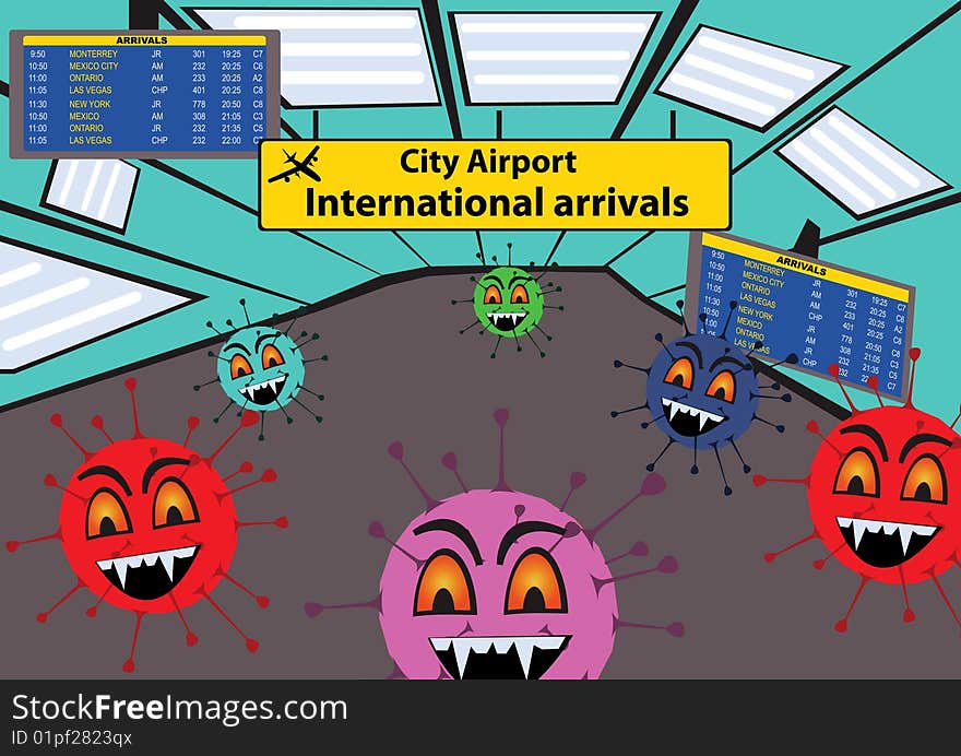 Cartoon vector illustration of a viruses at the airport