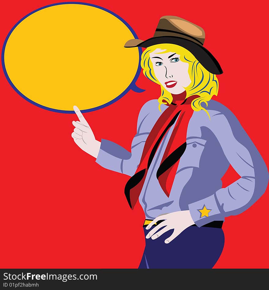 Vector illustration of a cartoon cowgirl pointing a balloon. Vector illustration of a cartoon cowgirl pointing a balloon