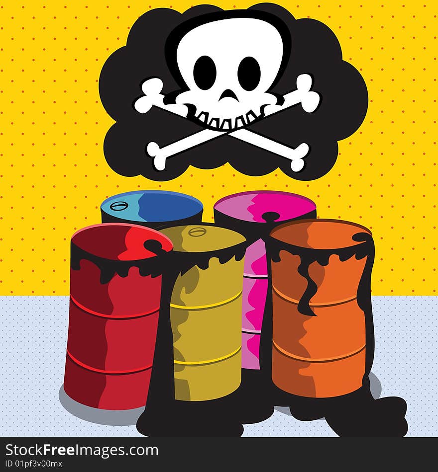 Cartoon vector illustration toxic barrels with a skull above them