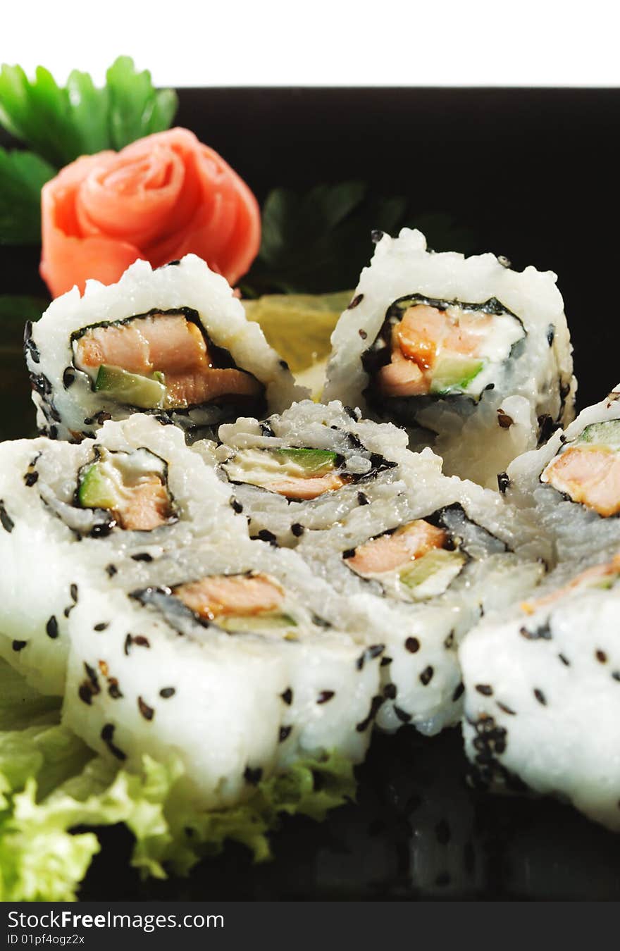 Japanese Cuisine - Sushi with Fresh Salad Leaf