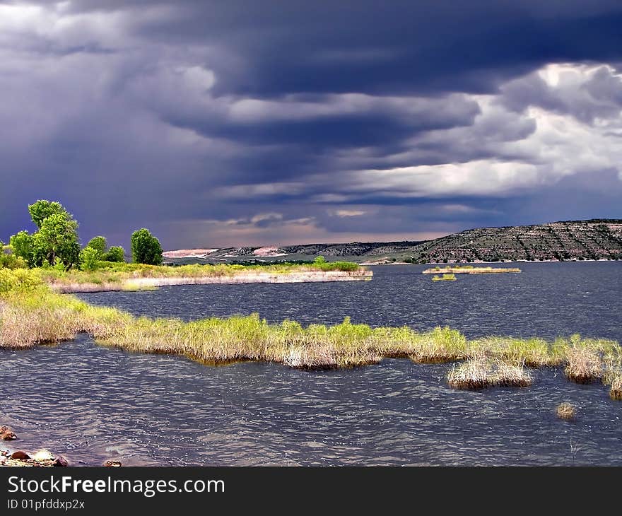 Stormy lake waterscape