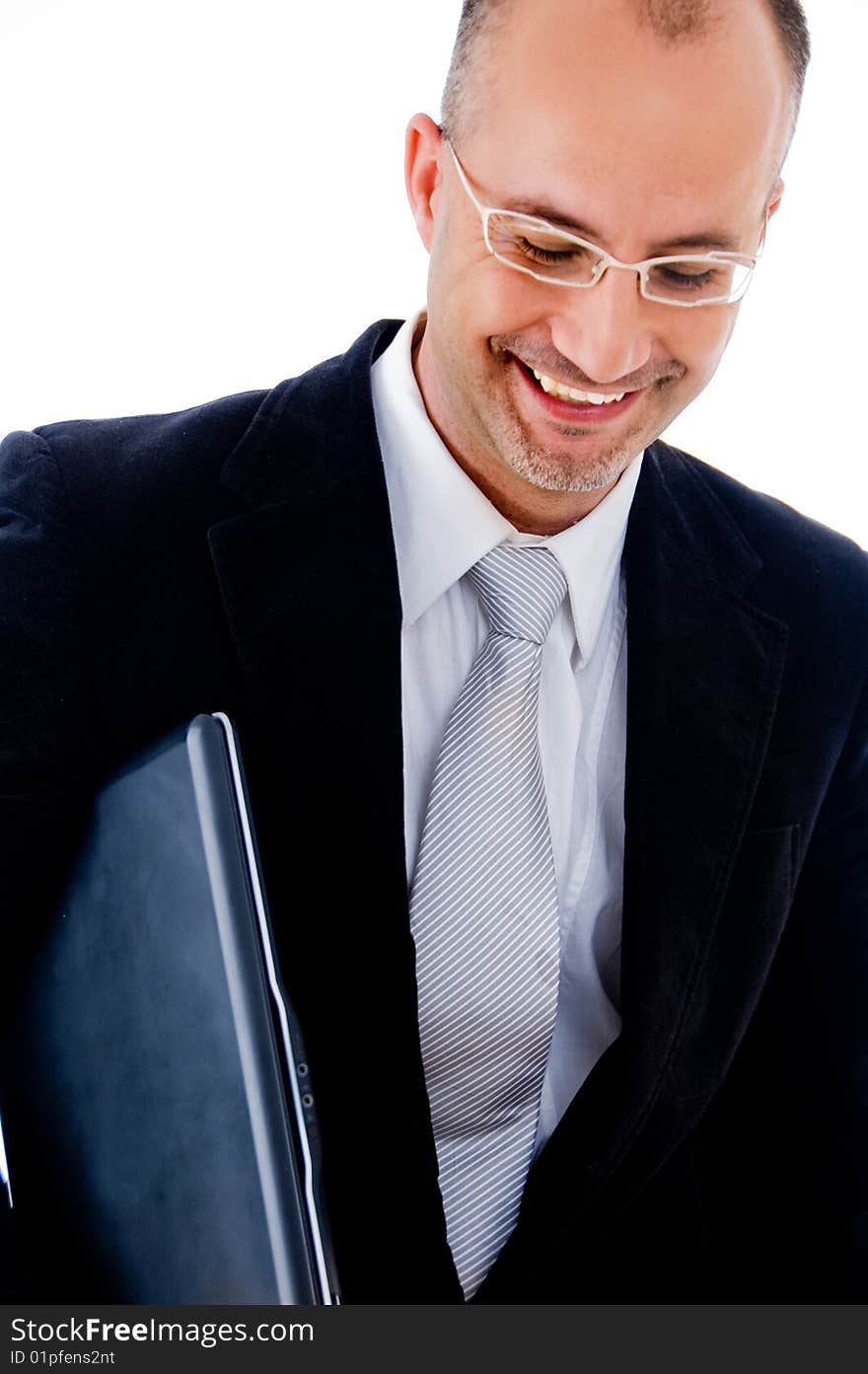 Happy businessman with laptop