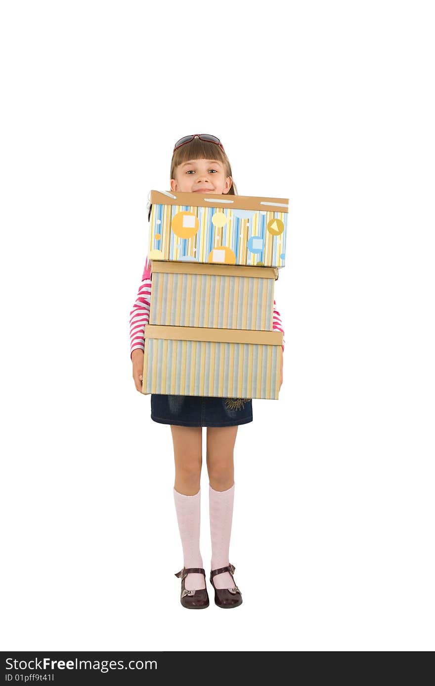 The little girl holds three big boxes in hands. The little girl holds three big boxes in hands