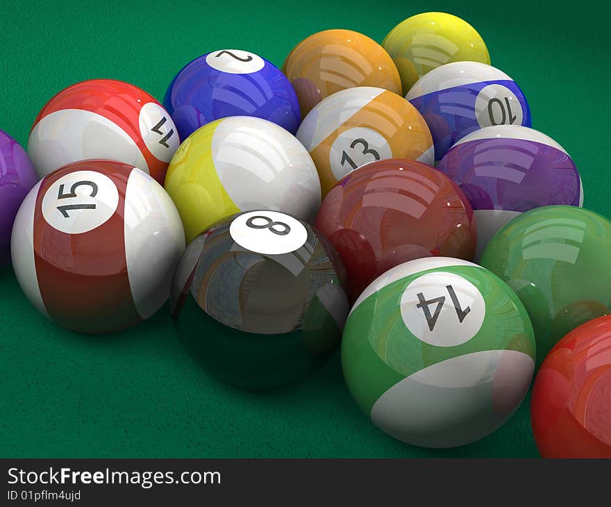 A lot of billiard ball on green background. A lot of billiard ball on green background