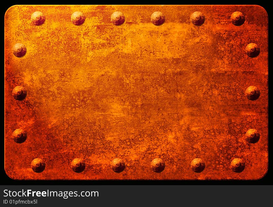 A rusted metal plaque with rivets. A rusted metal plaque with rivets.