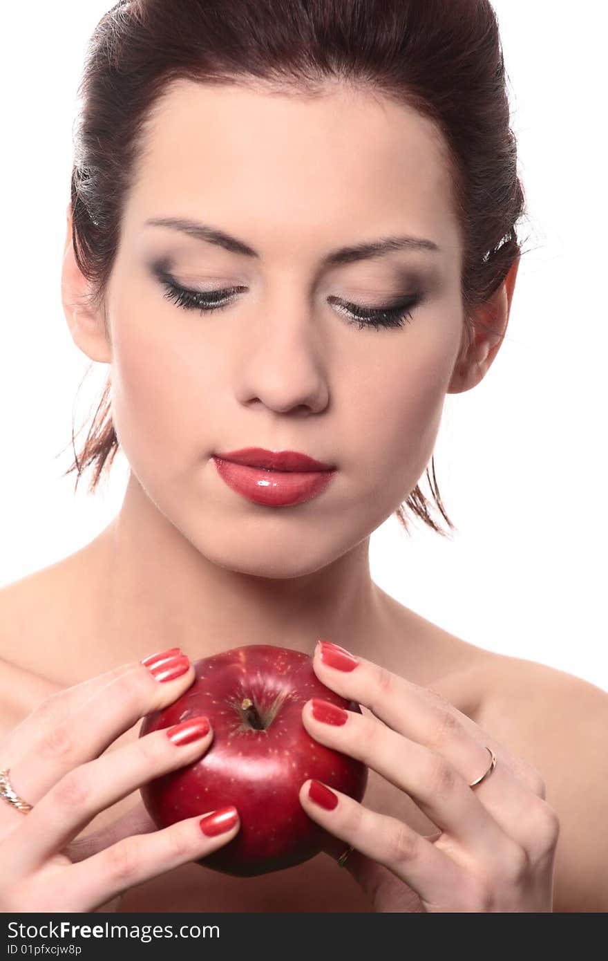 Close-up portrait of young beautiful healthy woman with red apple isolated on white. Close-up portrait of young beautiful healthy woman with red apple isolated on white