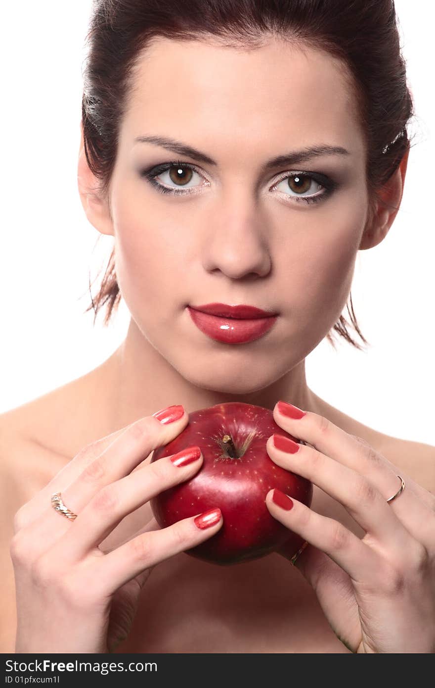 Close-up portrait of young beautiful healthy woman with red apple isolated on white. Close-up portrait of young beautiful healthy woman with red apple isolated on white