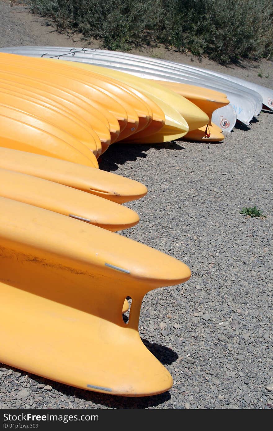 Kayaks lined up on the beach