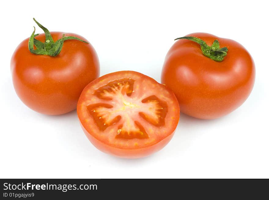 A ripe tomato is in white background