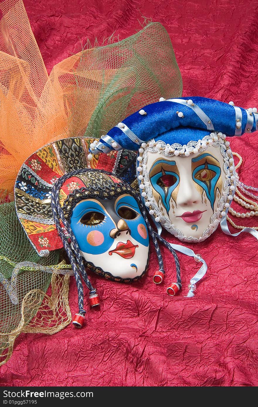 Carnival masks on red fabric. Carnival masks on red fabric