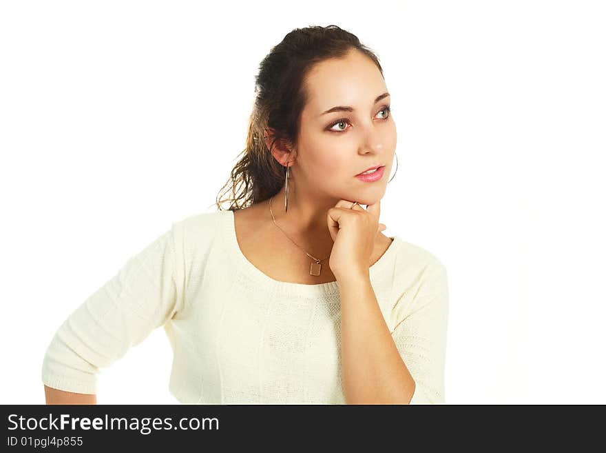 Portrait of a beautiful young thoughtful woman against white background. Portrait of a beautiful young thoughtful woman against white background