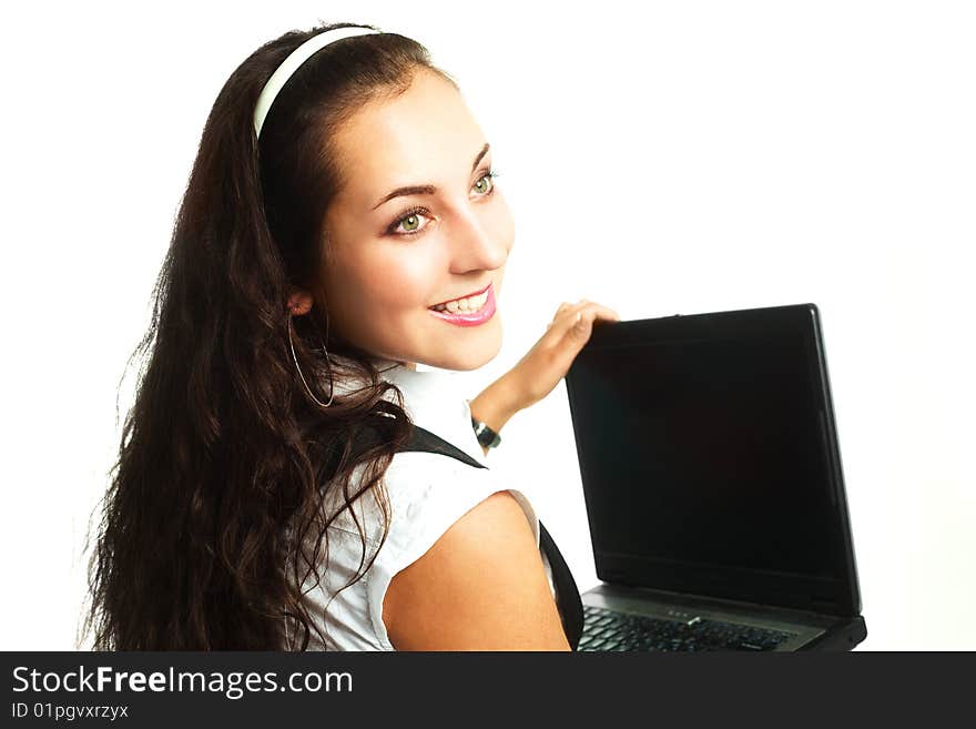 Portrait of a young beautiful woman holding a laptop. Portrait of a young beautiful woman holding a laptop