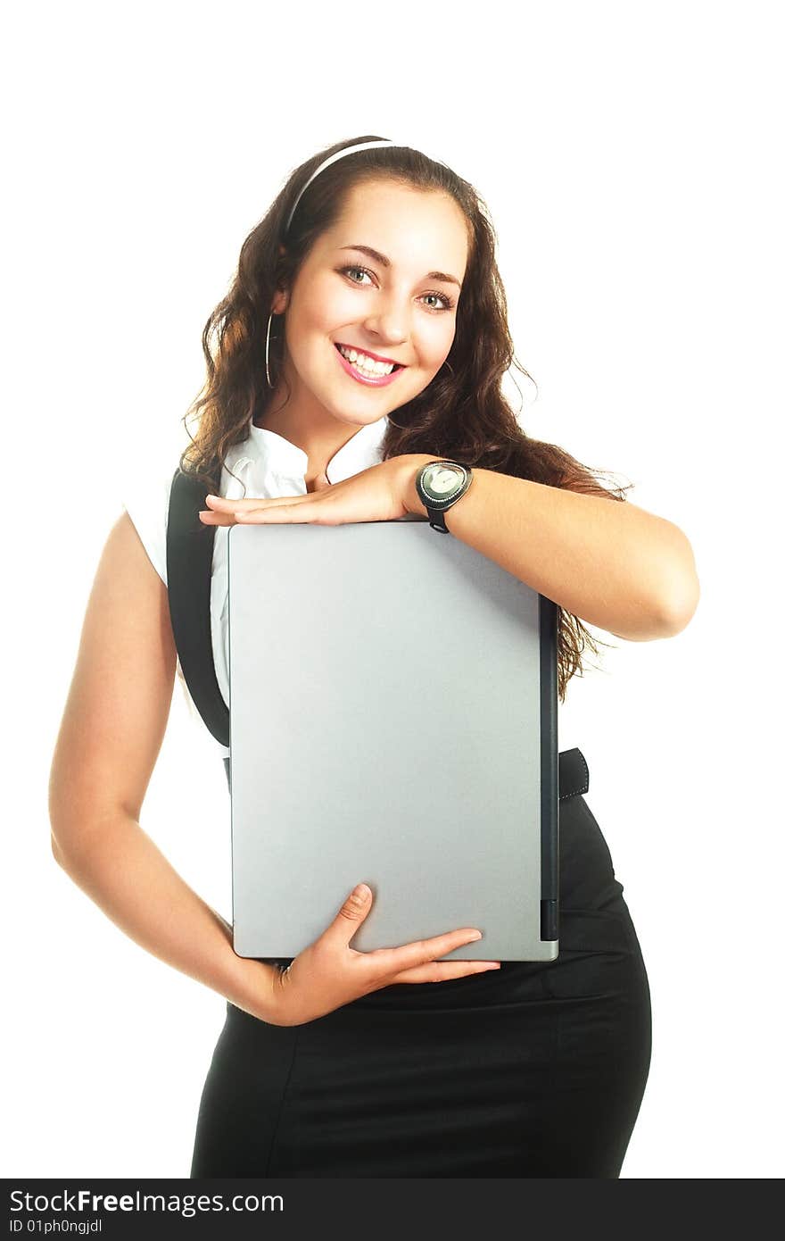 Portrait of a young beautiful successful woman holding a laptop. Portrait of a young beautiful successful woman holding a laptop