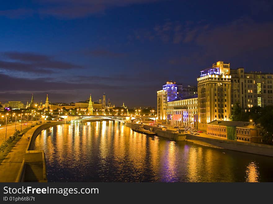 Moskow  sity night illuminated river. Moskow  sity night illuminated river