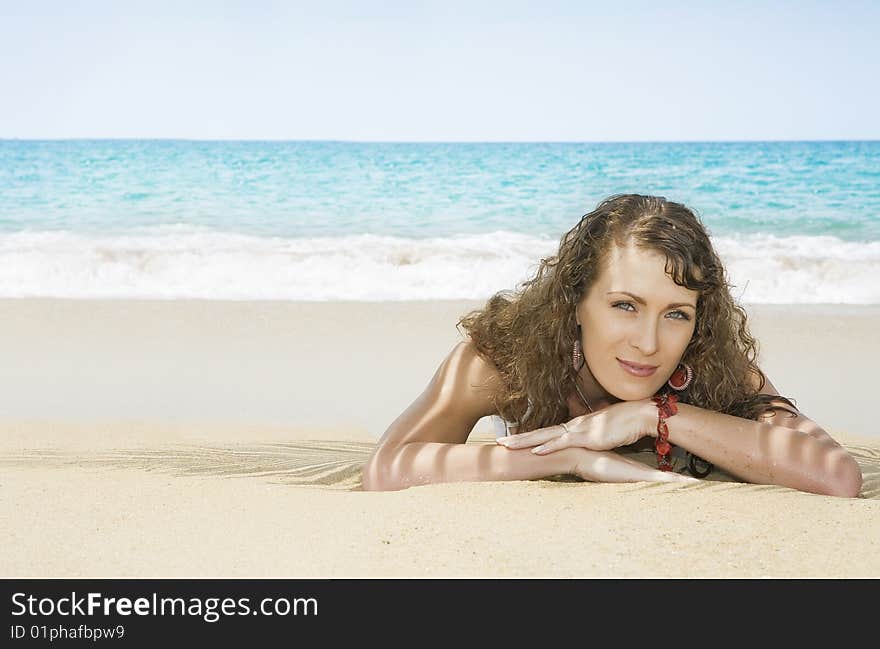 Portrait of beautiful girl having good time on tropical beach. Portrait of beautiful girl having good time on tropical beach