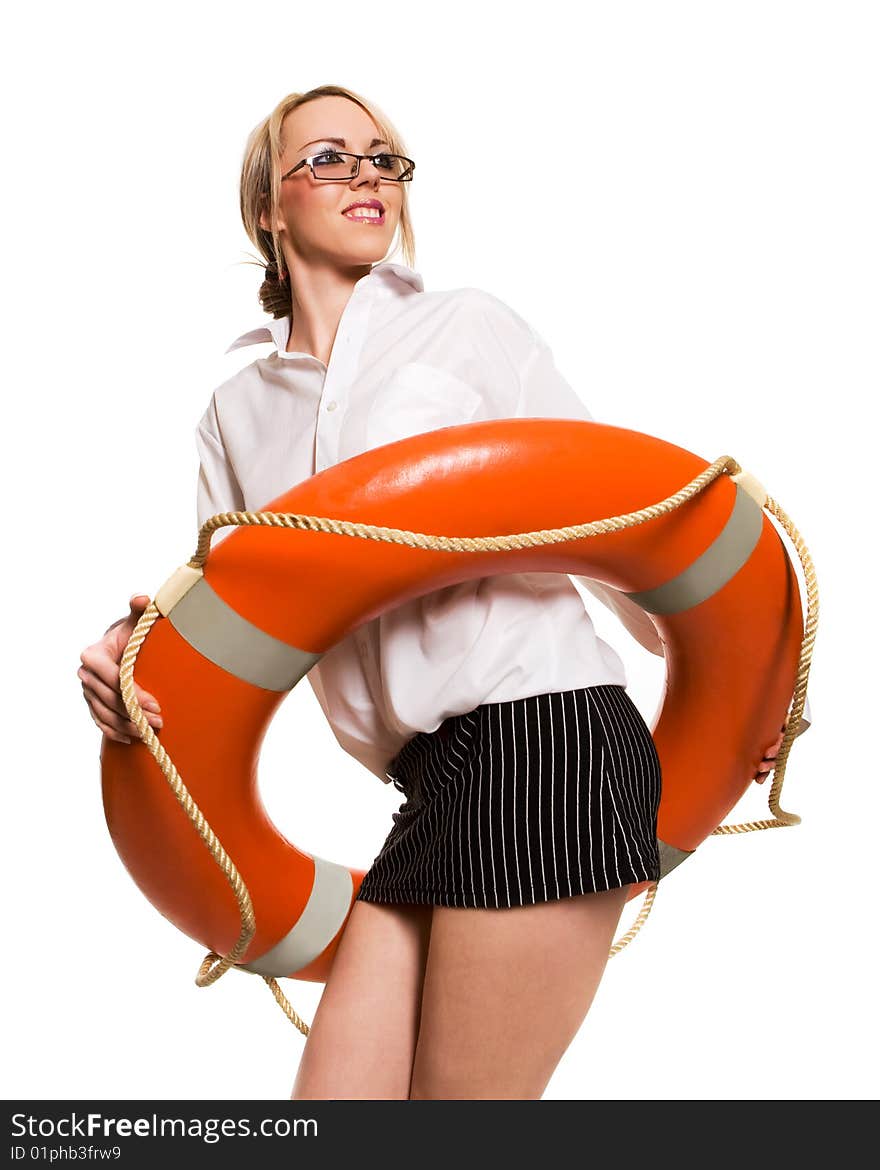 Young beautiful businesswoman with red life buoy