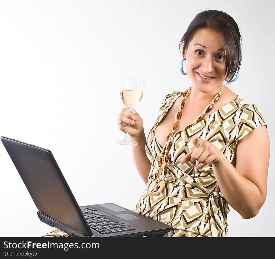 Girl with the notebook and bocal, behind a table, on white background