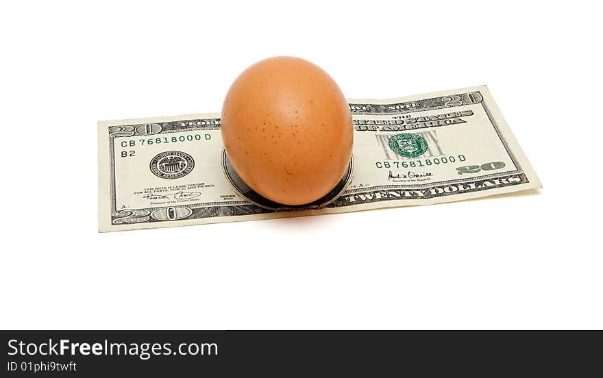 Brown egg on twenty dollar bill isolated. Brown egg on twenty dollar bill isolated