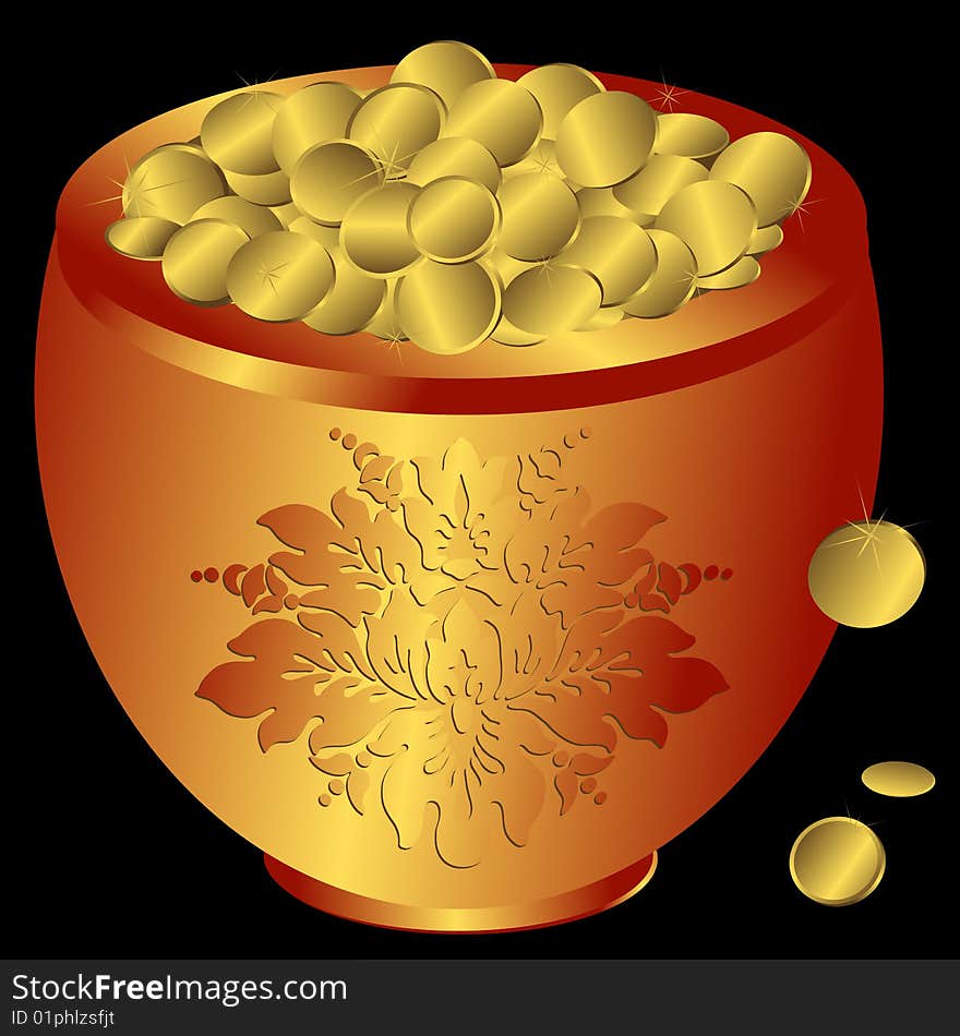 Metal pot with gold coins (vector)