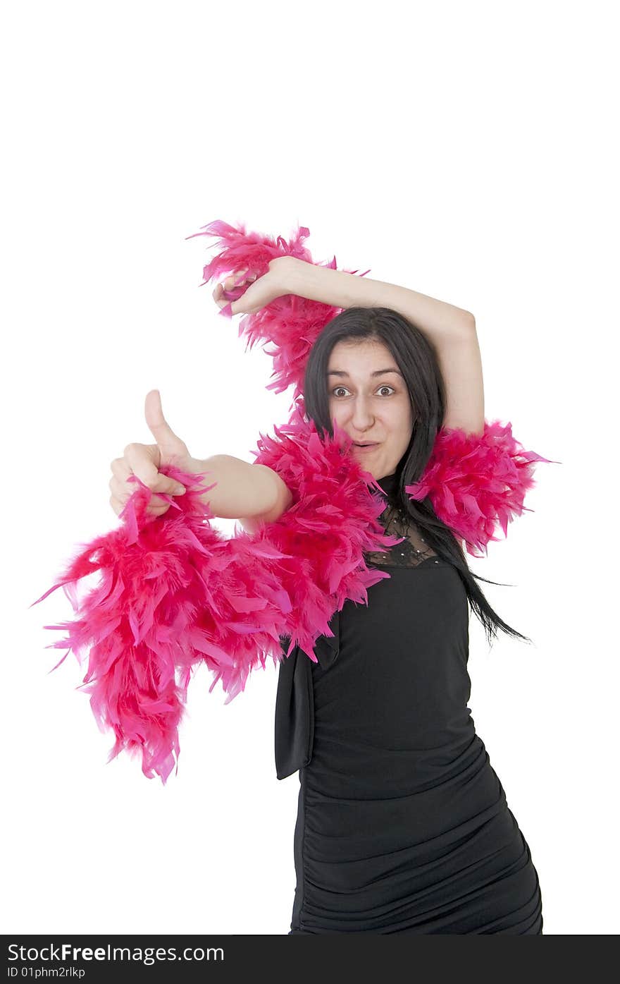 Girl holding a scarf made of red feathers