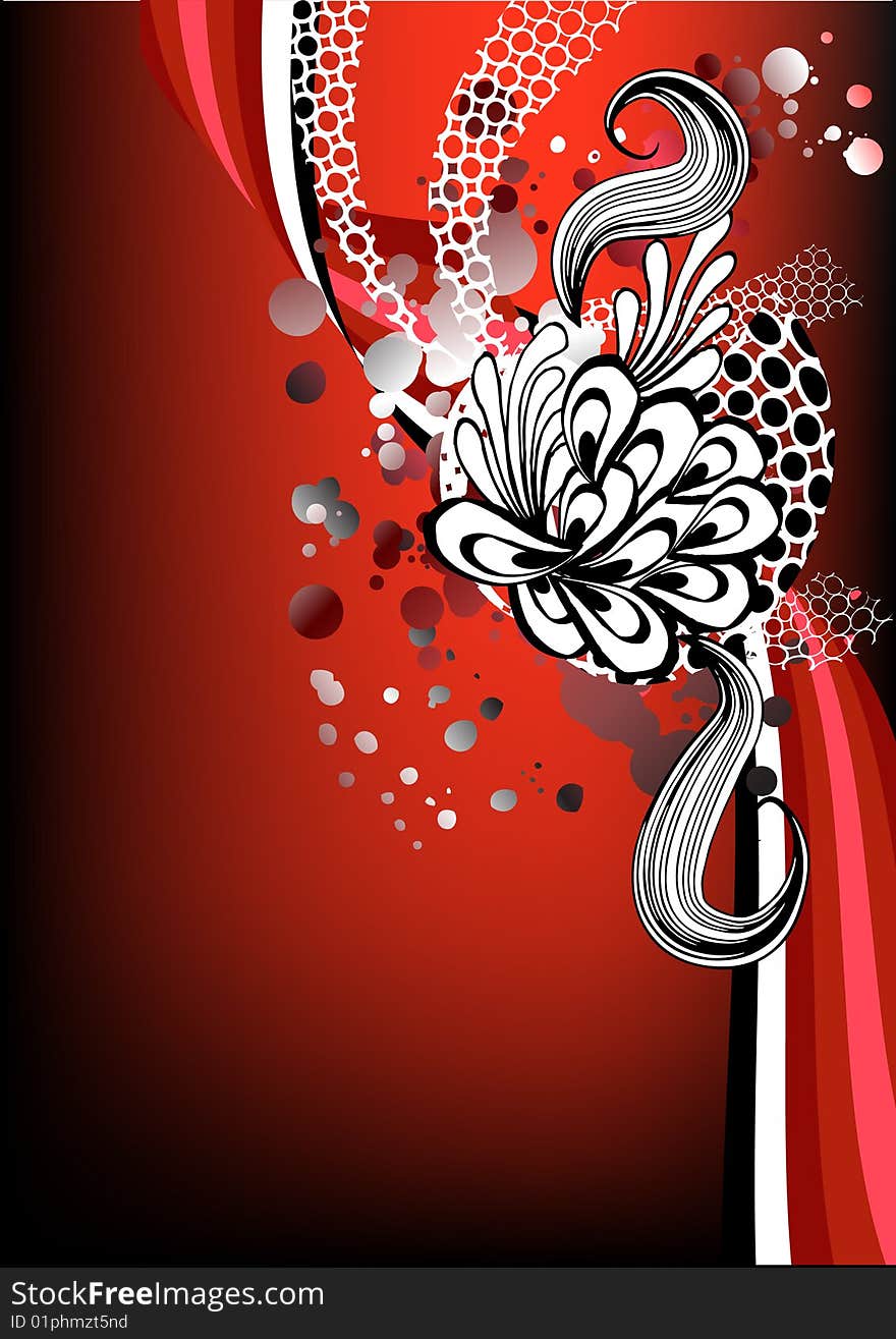 Floral retro graphic with swirls, dots and flowers on red background. space for text. Floral retro graphic with swirls, dots and flowers on red background. space for text