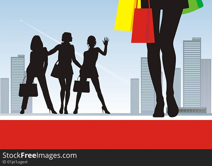 In the illustration foreground female feet and bright packages. Near to them three female silhouettes. On a distance shot a city landscape with skyscrapers. In the illustration foreground female feet and bright packages. Near to them three female silhouettes. On a distance shot a city landscape with skyscrapers.