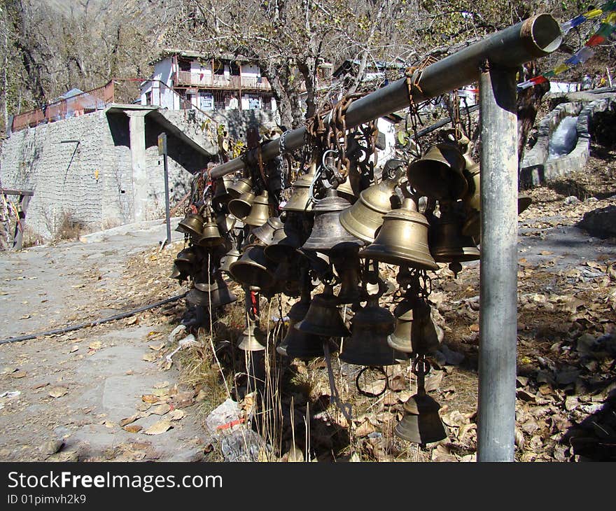 A lot of prayer bells in muktinat monastery