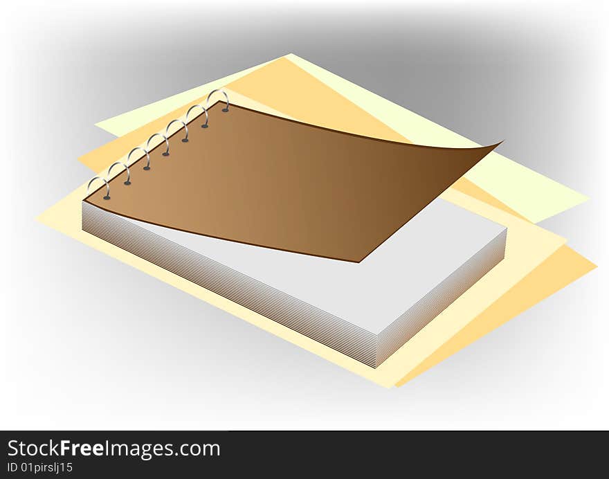 Vector color illustration of a notebook laying on sheets of a paper