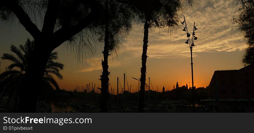 Barcelona sunset landscape silhouette