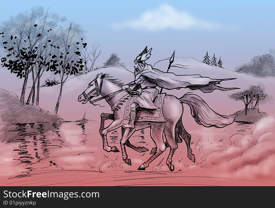 Hand-made drawing: god Odin rides his eight legs horse, Sleipnir. Hand-made drawing: god Odin rides his eight legs horse, Sleipnir.