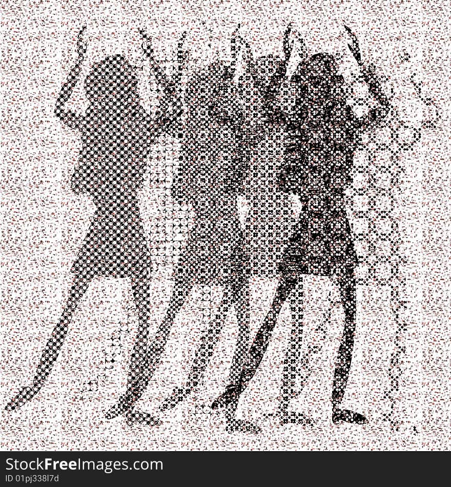 Halftone raster dancing girls on dots background