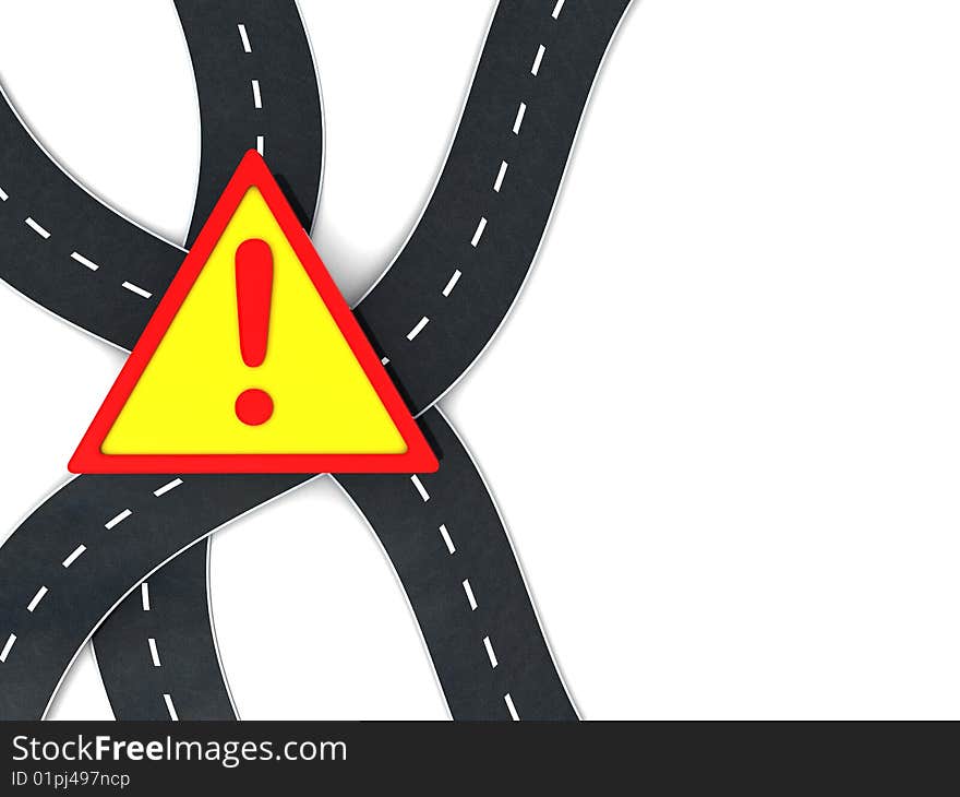 Abstract 3d illustration of roads and warning sign over white background. Abstract 3d illustration of roads and warning sign over white background