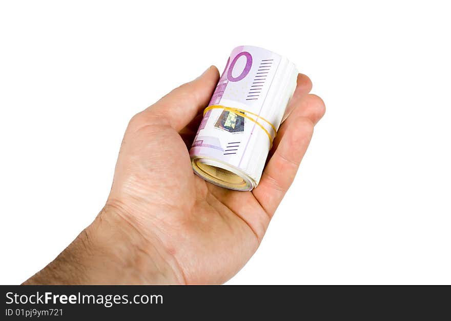 Man hand with rolled euro.Isolated on white. Man hand with rolled euro.Isolated on white.