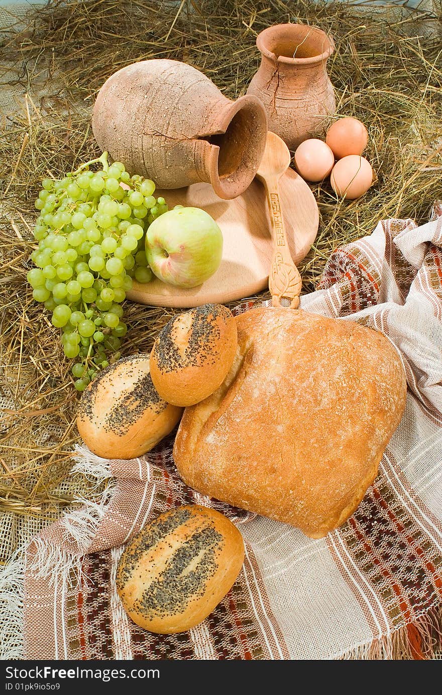 Different kinds of bread and fruits. Different kinds of bread and fruits