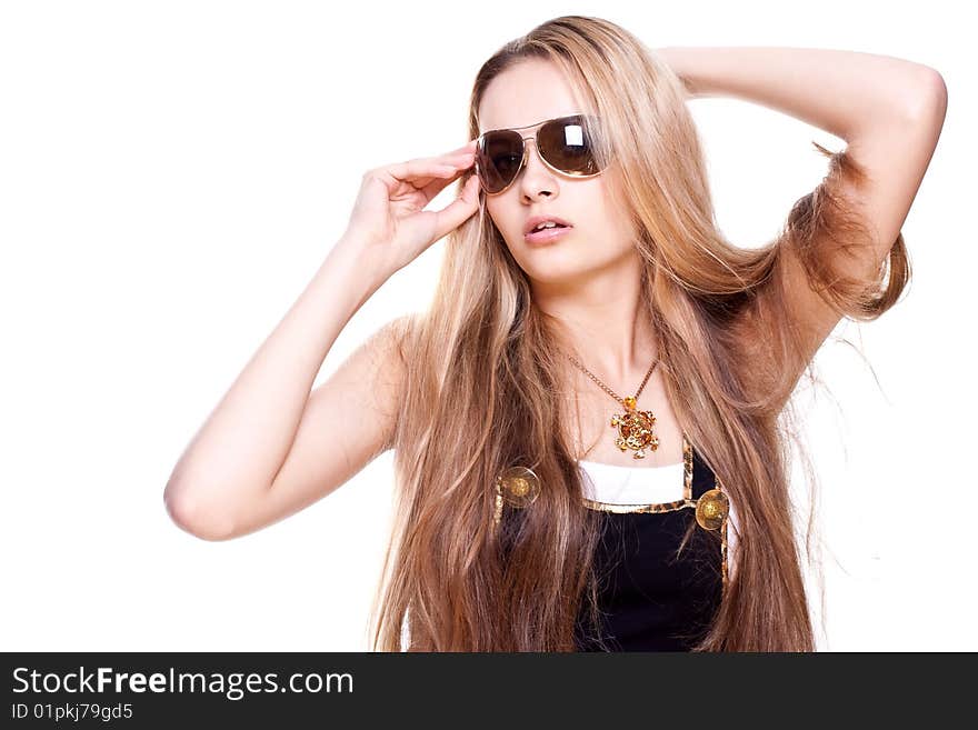 Beautiful women in a suit with the glasses on a white background isolated