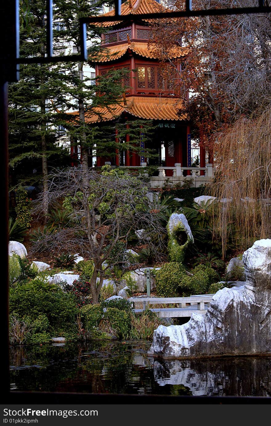 Pagoda in Sydney Australia Oriental gardens by reflective pool. Pagoda in Sydney Australia Oriental gardens by reflective pool