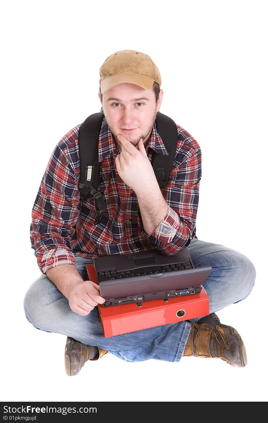 Casual student sitting on white background