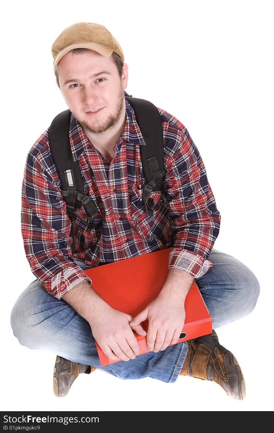 Casual student sitting on white background