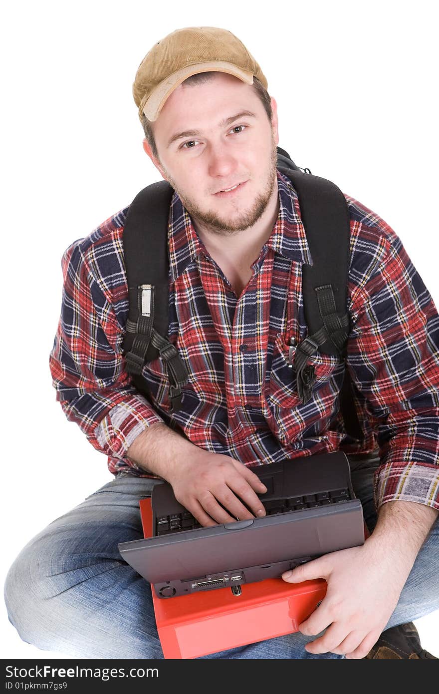 Casual student sitting on white background