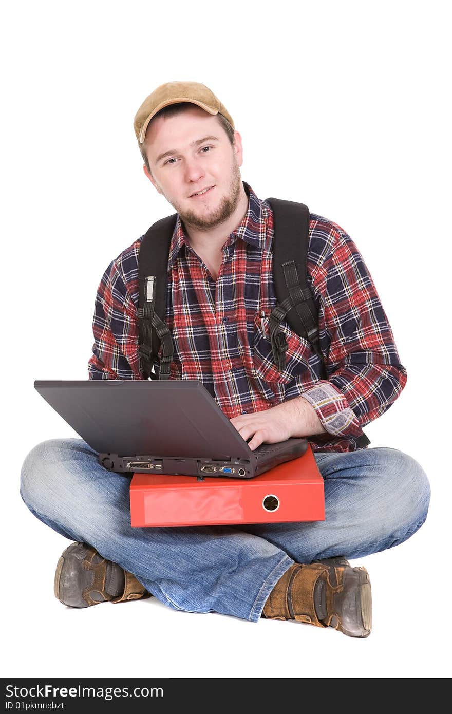 Casual student sitting on white background