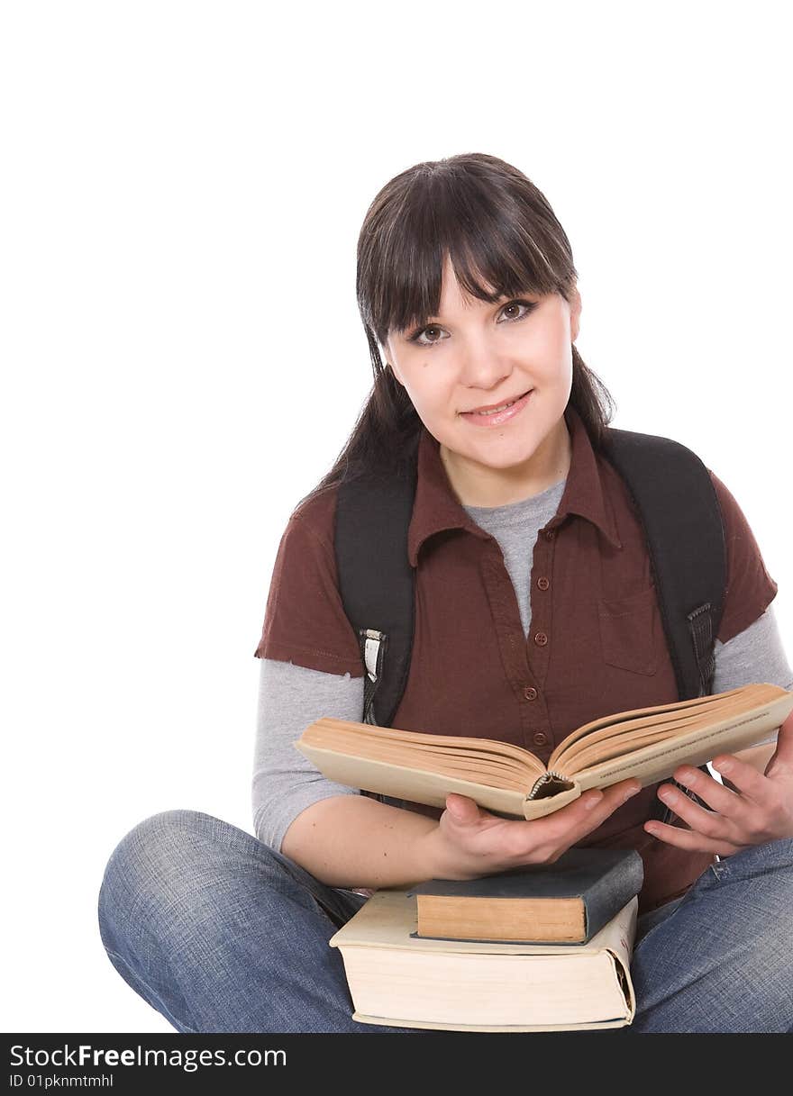 Happy brunette woman with books. over white background. Happy brunette woman with books. over white background