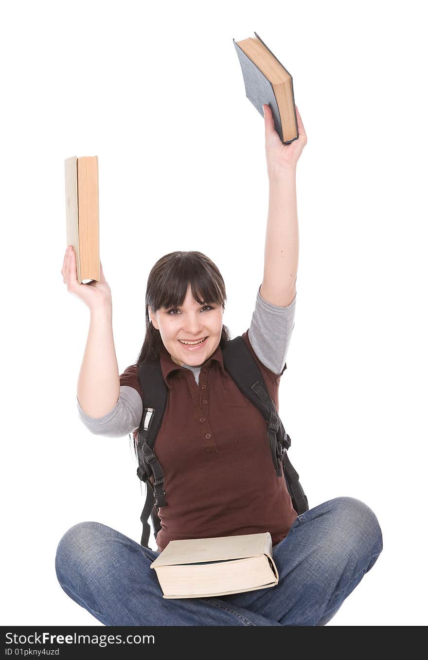 Happy brunette woman with books. over white background. Happy brunette woman with books. over white background