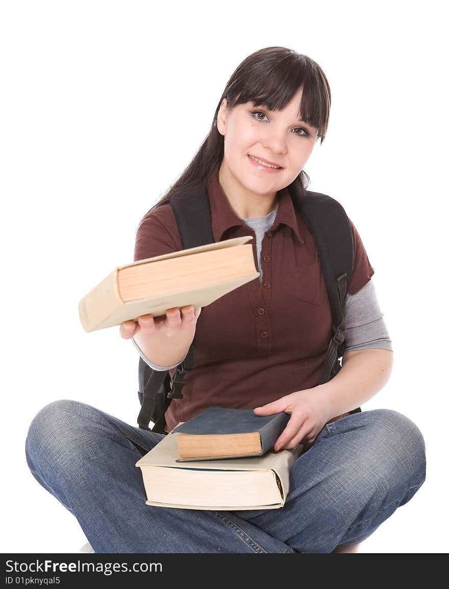 Happy brunette woman with books. over white background. Happy brunette woman with books. over white background