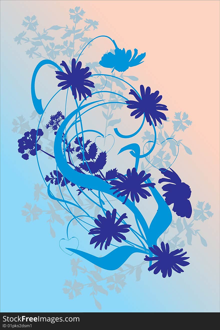 Illustration with blue flower silhouettes. Illustration with blue flower silhouettes