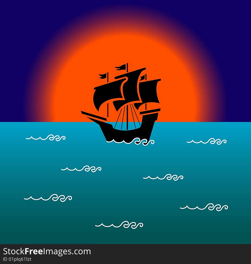 Vector illustration of sailboat with sunset. Vector illustration of sailboat with sunset