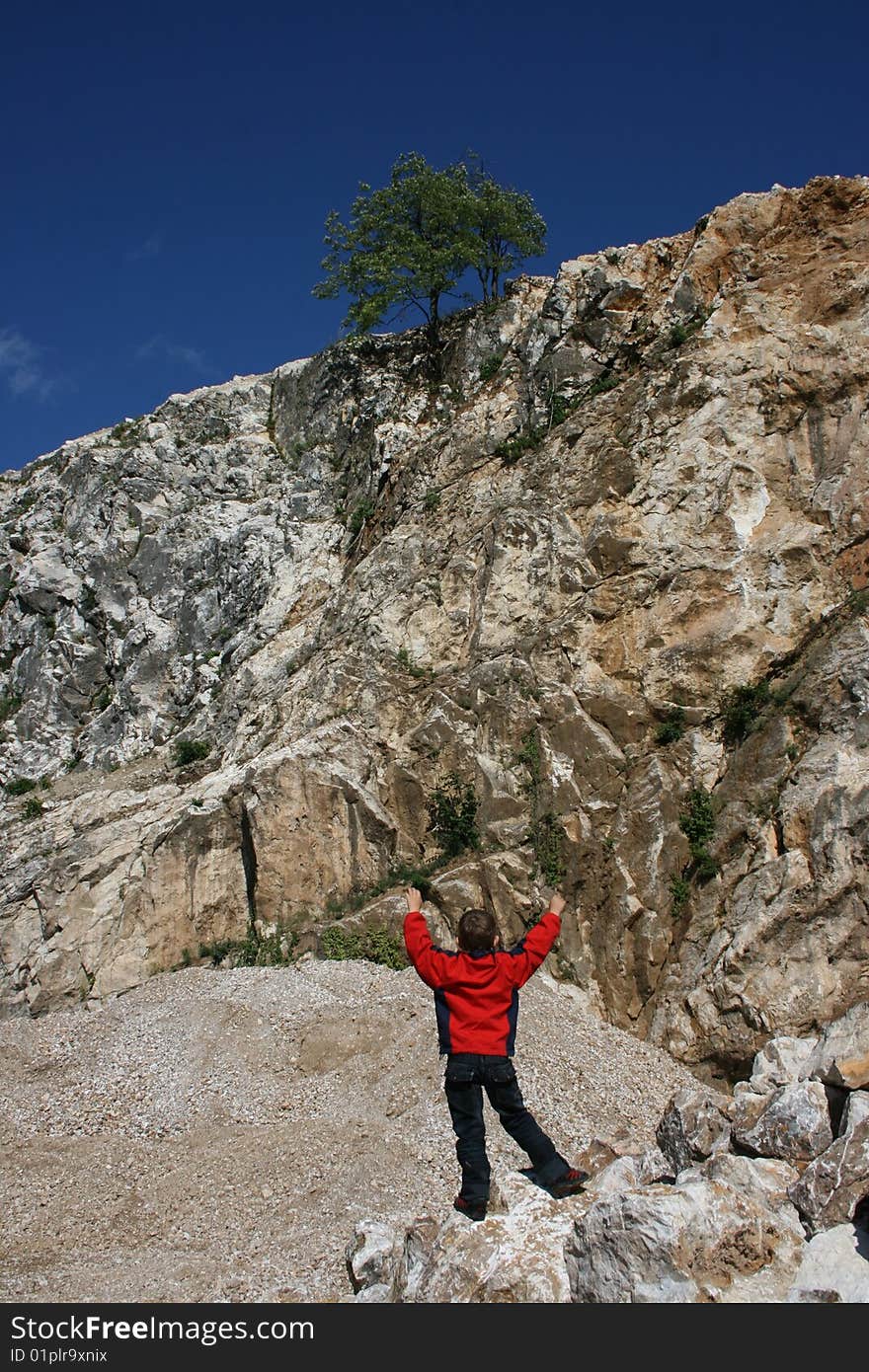 Boy in a red blouse making a fancy prayer for a tree into a stone pit. Boy in a red blouse making a fancy prayer for a tree into a stone pit