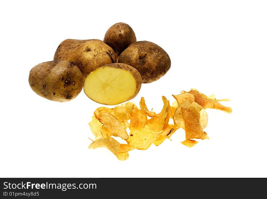 Tubers raw potatoes on a white background. Tubers raw potatoes on a white background