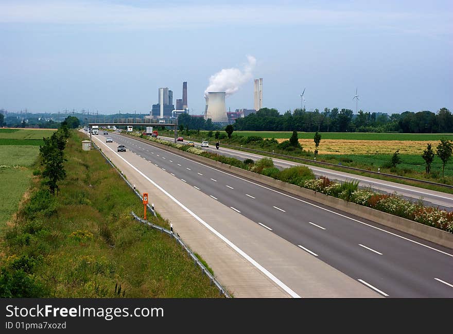 Autobahn and power plant Weisweiler in North Rhein-Westfalia, Germany.