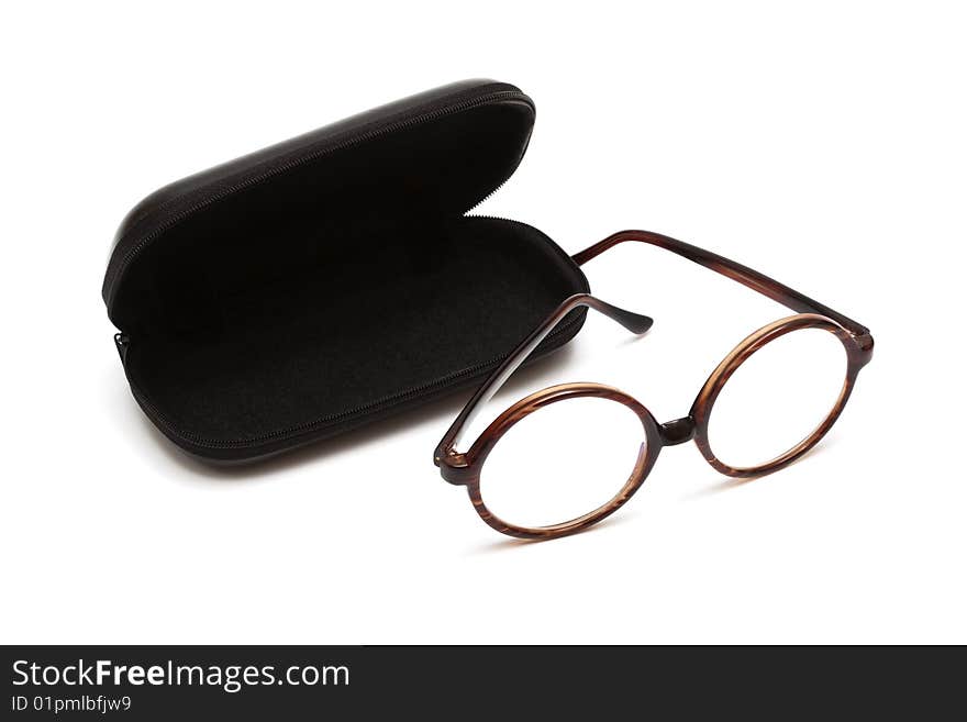 Glasses in case against a white background